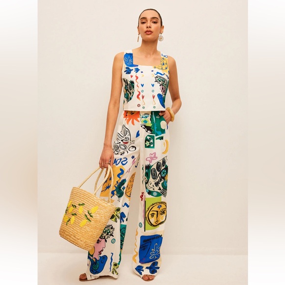 Commense Pants - Graphic Print Crop Top With Wide-Leg Pants Set Size Medium NWT